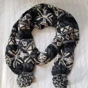Fair Isle Knitted Thick Pom Pom Long Scarf